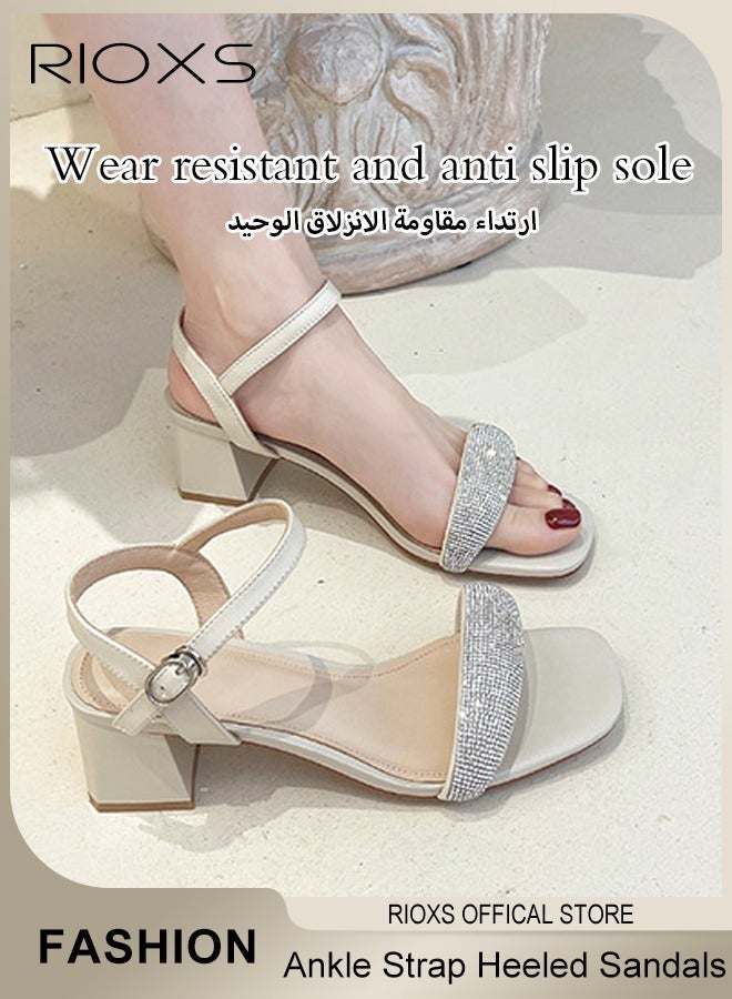 RIOXS Women Chunky Heeled Mules, Square Open Toe Slip-on Sandals with Rhinestone Chains, Trendy Heeled Sandals for Ladies, Ankle Strap Wedding Sandals with Non-slip Sole, Easy to Pair with Jeans or Skirt for Casual Look - Image 2